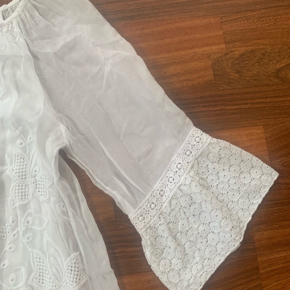 Tempo Paris New White Embroidered Silk Tunic Blouse Women’s 12 Layered Flowy - Picture 3 of 8